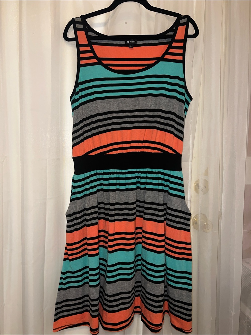 torrid Striped Tank Dress in Coral, Teal & Gray with Black Trim